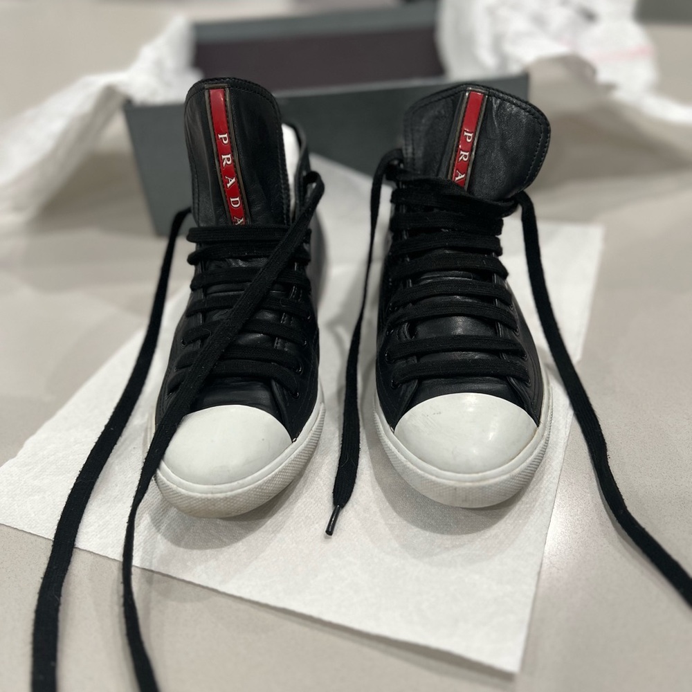 Prada Black and White High-Top Sneakers